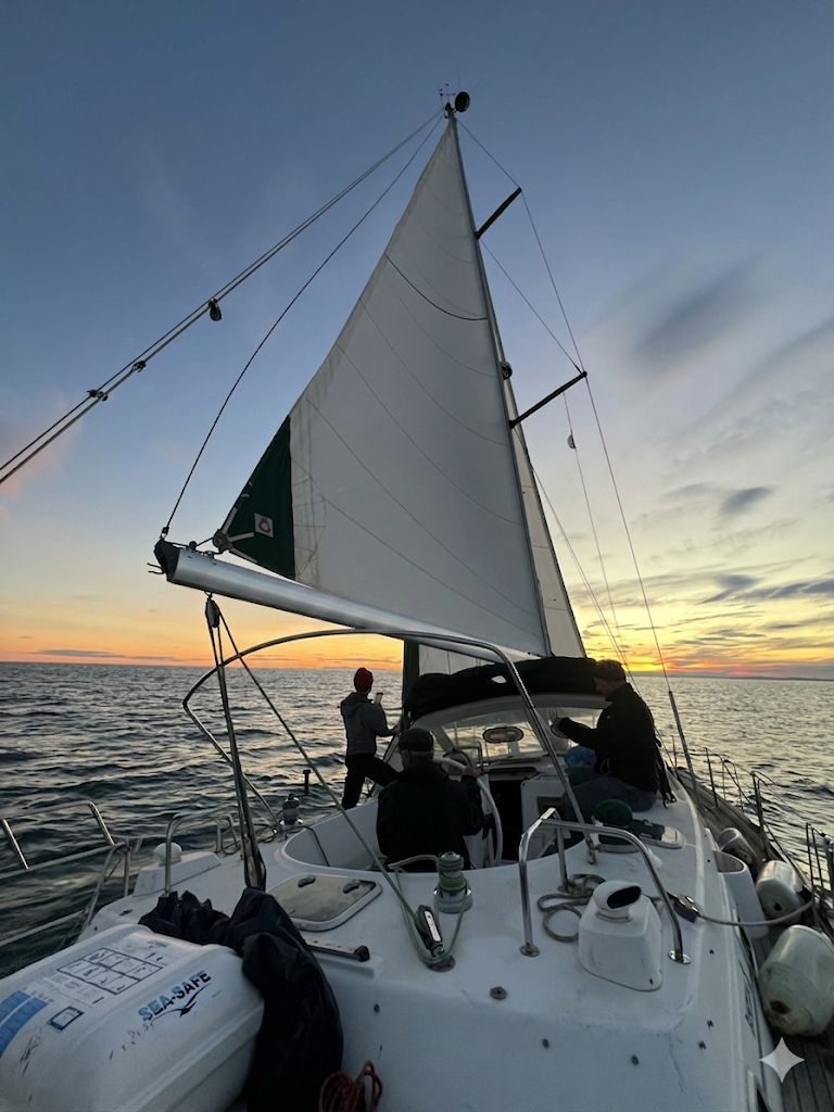 The Calma sailing at sunset, crew on board